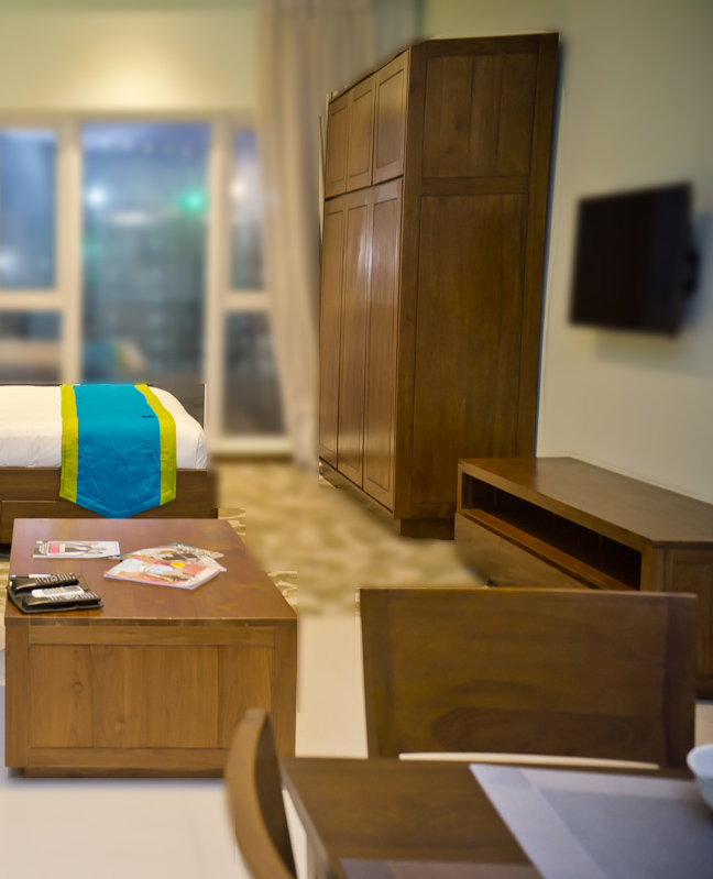 westelm chair in hotel suite.